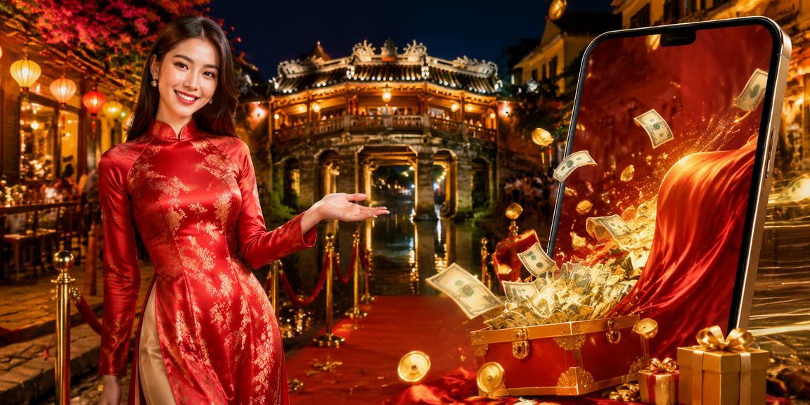 Khung cảnh Hội An với người mặc áo dài nhận cashback bonus từ 917 qua điện thoại